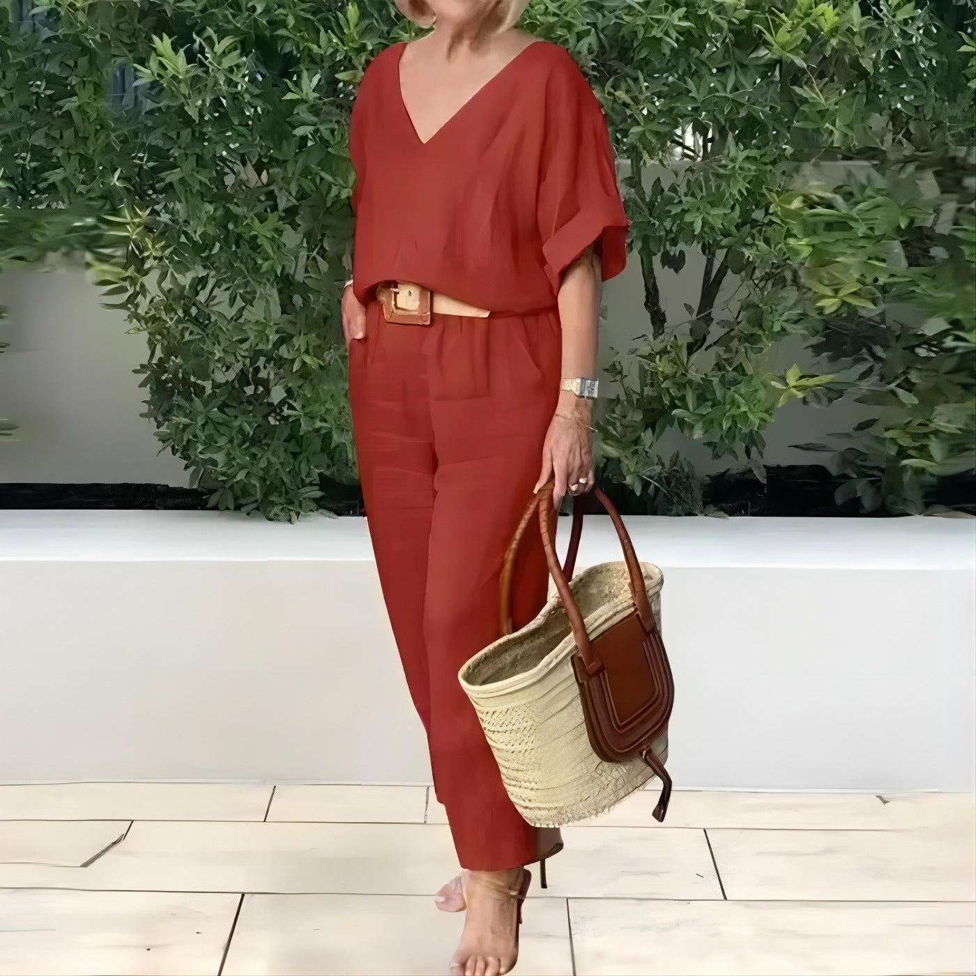 【S-5XL】Elegantni ženski set od lana i pamuka: široka bluza s V-izrezom i duge hlače, mekan, prozračan i hladan materijal