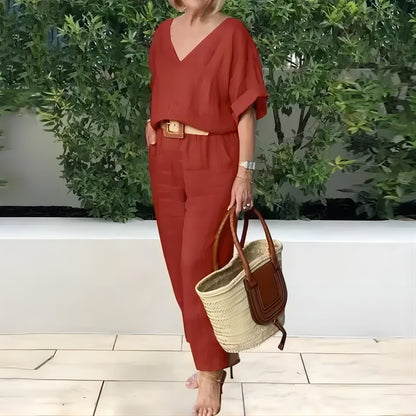 【S-5XL】Elegantni ženski set od lana i pamuka: široka bluza s V-izrezom i duge hlače, mekan, prozračan i hladan materijal