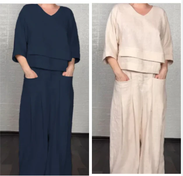 💎 Dvodijelni set od pamuka i lana s nepravilnim rubom - bluza s V-izrezom + hlače širokih nogavica, prozračan i prirodno elegantan 🍂👚