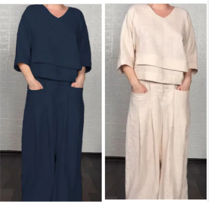 💎 Dvodijelni set od pamuka i lana s nepravilnim rubom - bluza s V-izrezom + hlače širokih nogavica, prozračan i prirodno elegantan 🍂👚