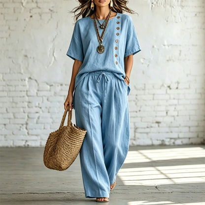🎨 Ofertă limitată în timp👖👚 【Set tricou + pantaloni largi】Set modern casual, confecționat din bumbac și in, confortabil și respirabil.