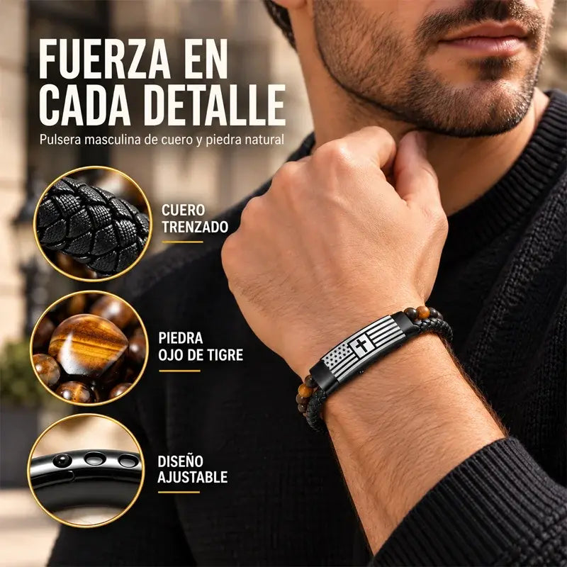 ✝️ Pulsera de Cuero para Hombre con Cruz | Diseño Trenzado de Doble Capa con Piedra Volcánica y Ojo de Tigre