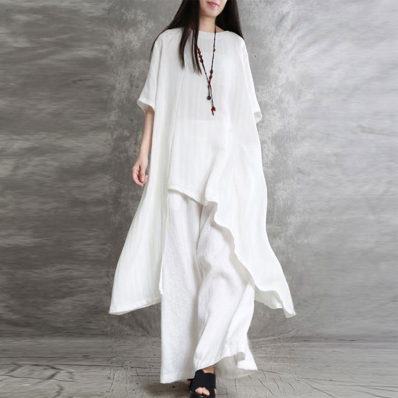 👚+👖【S-5XL】Ženski dvodijelni ležerni komplet širokog kroja od pamuka i lana, gornji dio s nepravilnim rubom.