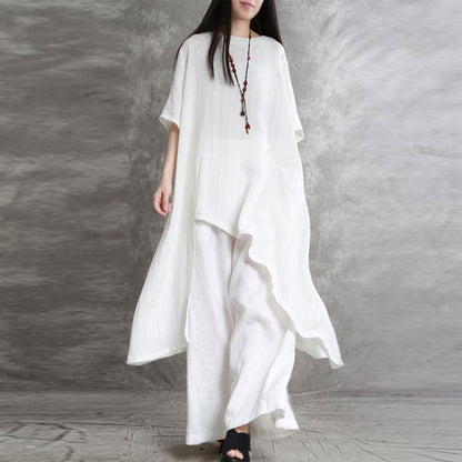 👚+👖【S-5XL】Ženski dvodijelni ležerni komplet širokog kroja od pamuka i lana, gornji dio s nepravilnim rubom.