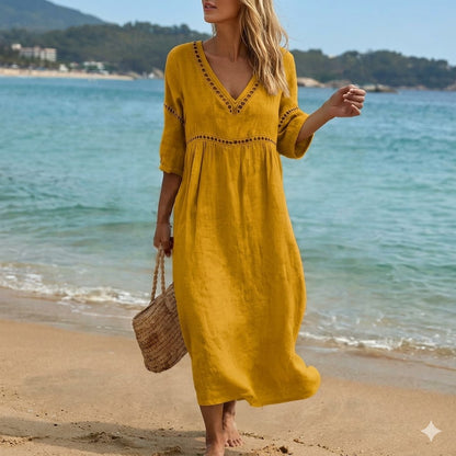 👗【S-3XL】Ljetna moderna pamučno-lanena haljina s V-izrezom, prozračna, udobna i stagnira