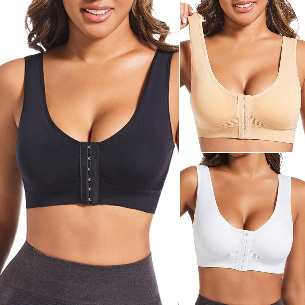 🧘‍♀️👙【3 osobe】【S-6XL】Sportski grudnjak s kopčanjem sprijeda, bez žice, push-up efektom i sportskim leđima