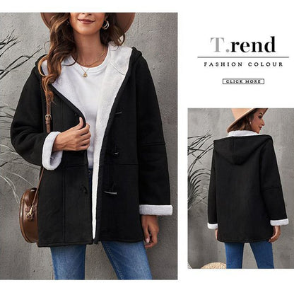 🥼🔥【Περιορισμένη προσφορά 50%】💖[S-5XL] Νέο μοντέρνο, ζεστό γυναικείο μπουφάν με κουκούλα, σουέτ και μάλλινη επένδυση, του 2025