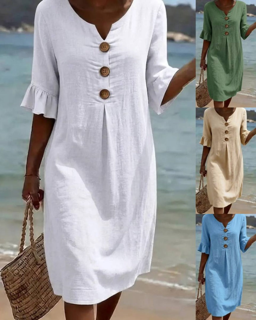 👗【S-3XL】Ženska haljina od pamuka i lana s puf rukavima i gumbima
