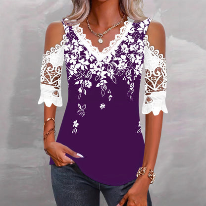 🌸【S-2XL】Elegantna čipkasta majica kratkih rukava s otvorenim ramenima i patchwork printom