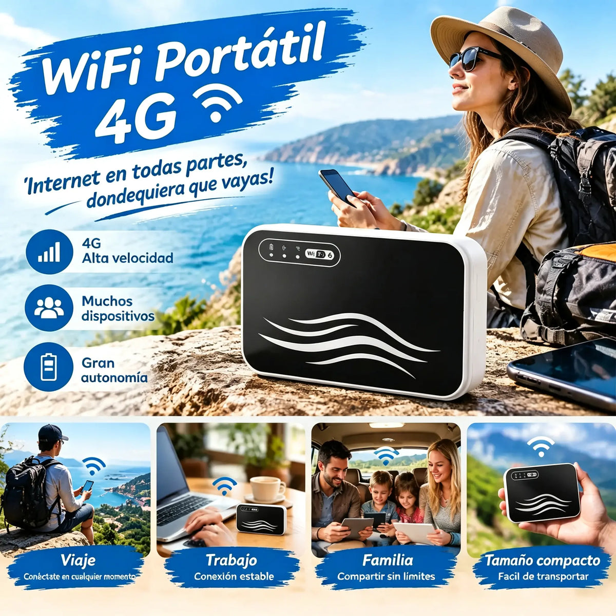 🌍🛜 Wi-Fi portátil global —sin necesidad de visado—: acceso a internet en cualquier momento y lugar.