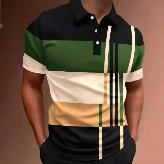 👔【S-6XL】Camisa POLO con estampado informal de bloques de color a rayas 3D para hombre