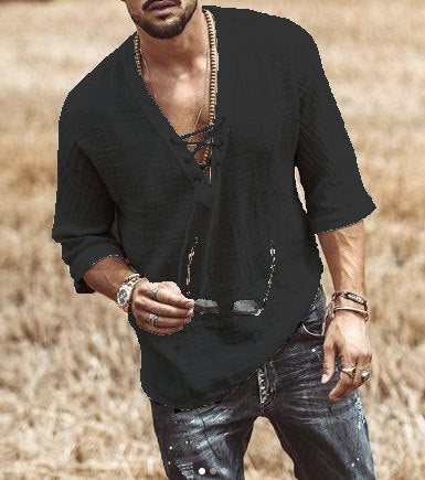 👔【50% popusta🔥】【XS-5XL】Muška jednobojna široka pamučno-lanena košulja s V-izrezom i ovratnikom s vezanjem ✅Plaćanje pouzećem