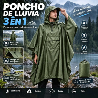 🏕️ Poncho de Lluvia Multifunción 3 en 1 | Capa Impermeable + Tienda de Campaña + Manta de Suelo | Para Senderismo y Camping 🌧️