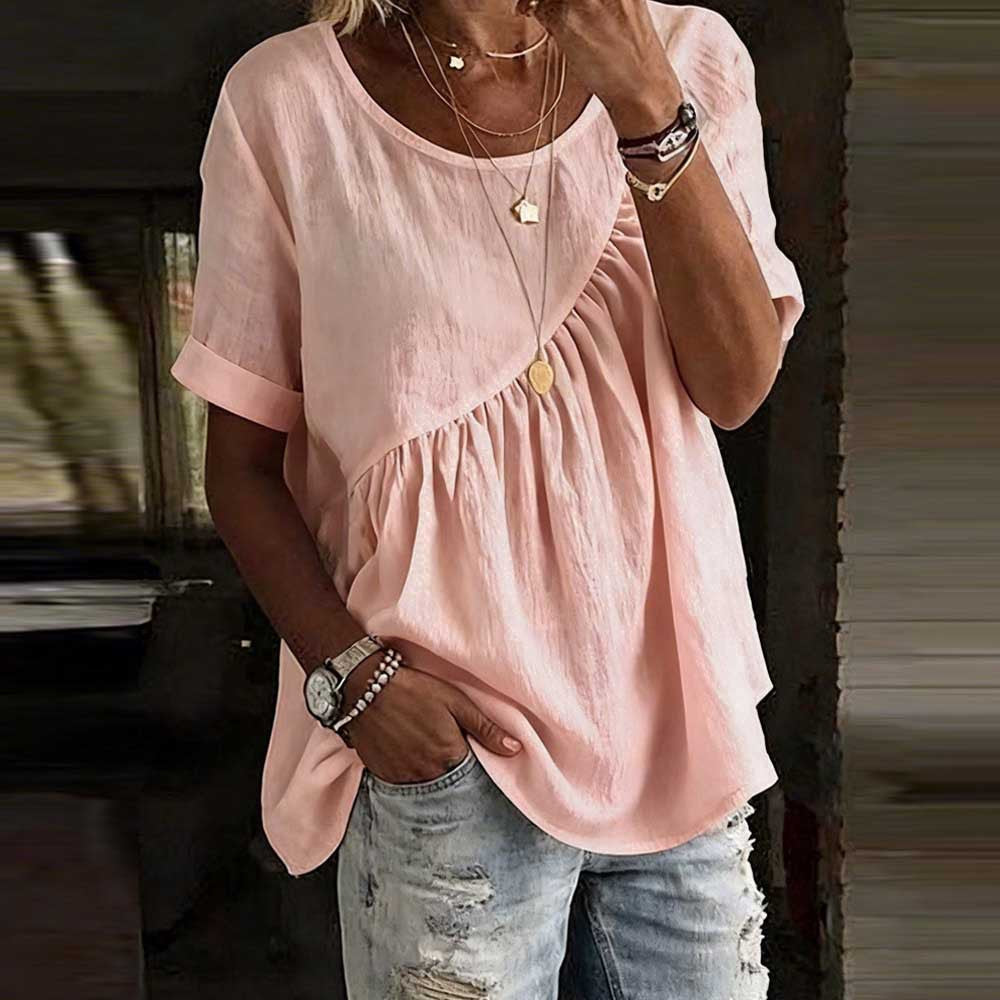 👚【S-3XL】Elegantna ženska majica kratkih rukava s okruglim izrezom i naborima u jednoj boji