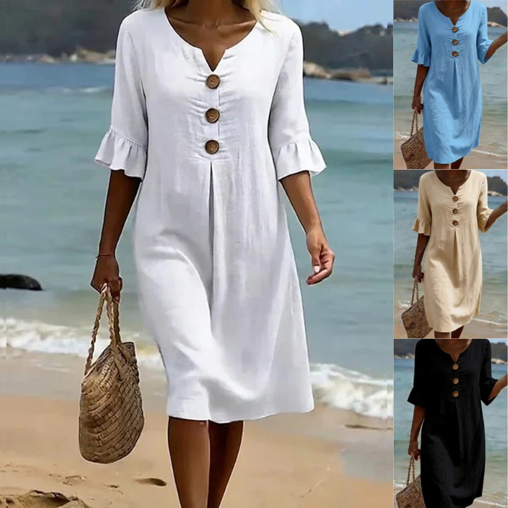 👗【S-3XL】Ženska haljina od pamuka i lana s puf rukavima i gumbima