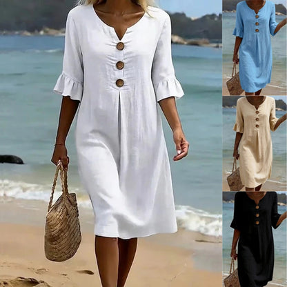 👗【S-3XL】Ženska haljina od pamuka i lana s puf rukavima i gumbima