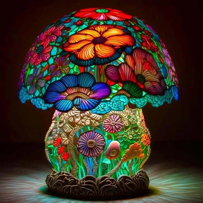 🍄Stolní lampa ve tvaru houby, vitráž s rostlinnou tematikou, retro noční lampa, vyrobená z barevné pryskyřice.