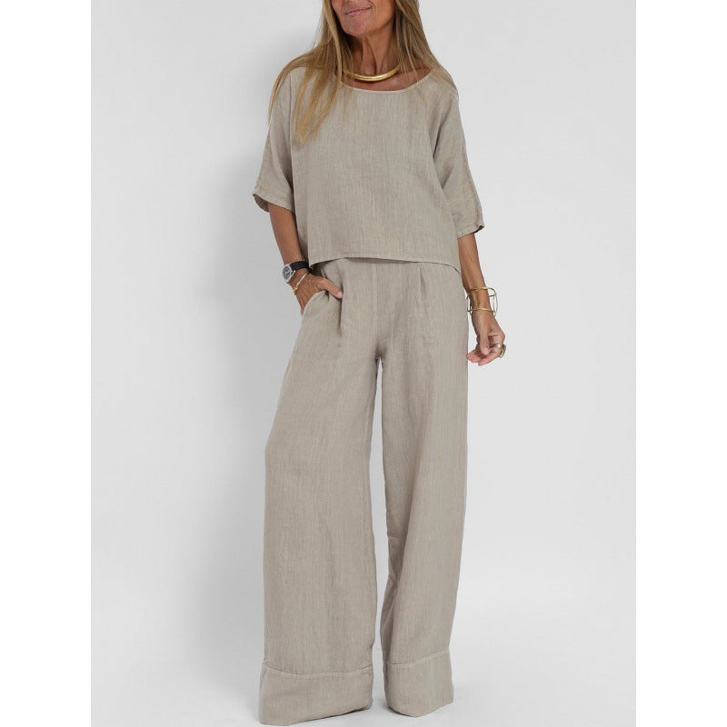【S-5XL】Novi ženski ležerni komplet širokog kroja od pamuka i lana, plus size [topić s okruglim izrezom + ležerne hlače]