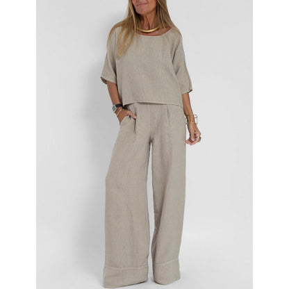 【S-5XL】Novi ženski ležerni komplet širokog kroja od pamuka i lana, plus size [topić s okruglim izrezom + ležerne hlače]