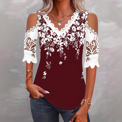 🌸【S-2XL】Elegantna čipkasta majica kratkih rukava s otvorenim ramenima i patchwork printom