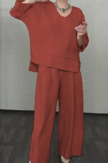 💎 Dvodijelni set od pamuka i lana s nepravilnim rubom - bluza s V-izrezom + hlače širokih nogavica, prozračan i prirodno elegantan 🍂👚