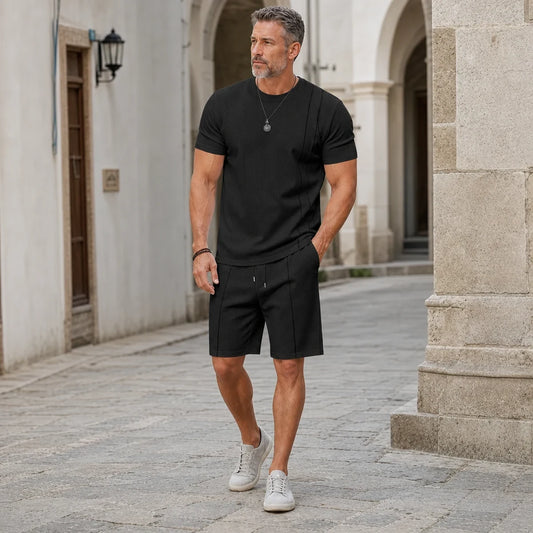 💥【S-3XL】Letni męski komplet Waffle z okrągłym dekoltem i krótkim rękawem: koszulka + spodenki (zestaw dwuczęściowy)