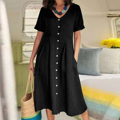 👗【S-5XL】Nova lanena haljina visokog struka, jednobojna, dizajn s džepovima