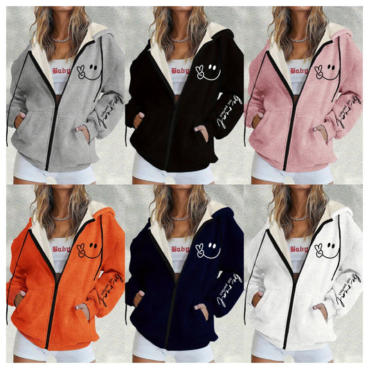 😀【S-5XL】Nova zimska ženska moderna jakna s kapuljačom i patentnim zatvaračem s printom nasmijanog lica