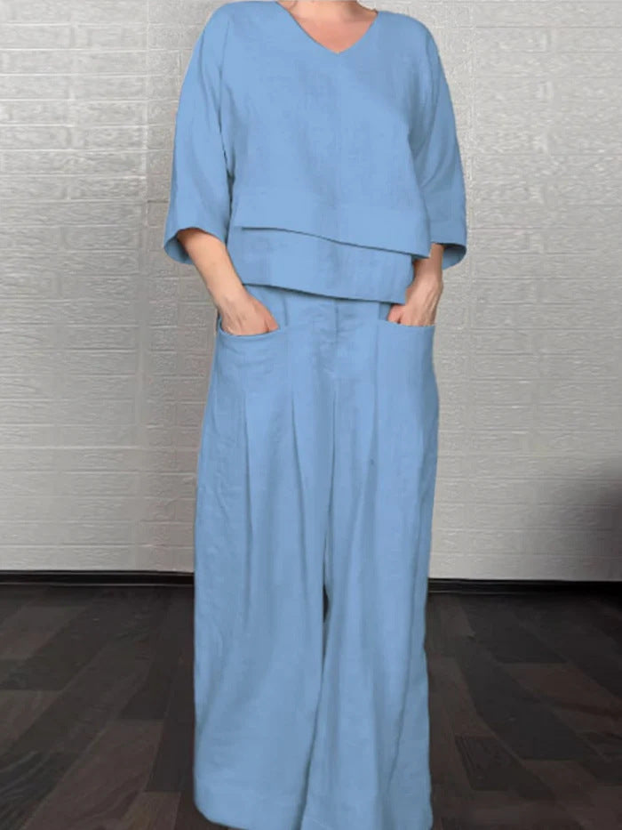 💎 Dvodijelni set od pamuka i lana s nepravilnim rubom - bluza s V-izrezom + hlače širokih nogavica, prozračan i prirodno elegantan 🍂👚