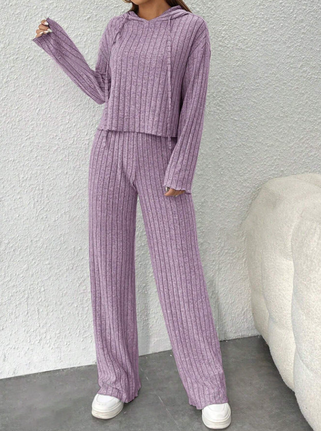 📢📢Sleva 50% 😍【40-90KG】Dámský dvoudílný pletený top s kapucí a kalhoty se širokými kalhotami
