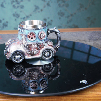 🏆✨【Ograniczona czasowo zniżka】Mechaniczny kubek do kawy ze stali nierdzewnej z wytłoczonym modelem samochodu w stylu retro