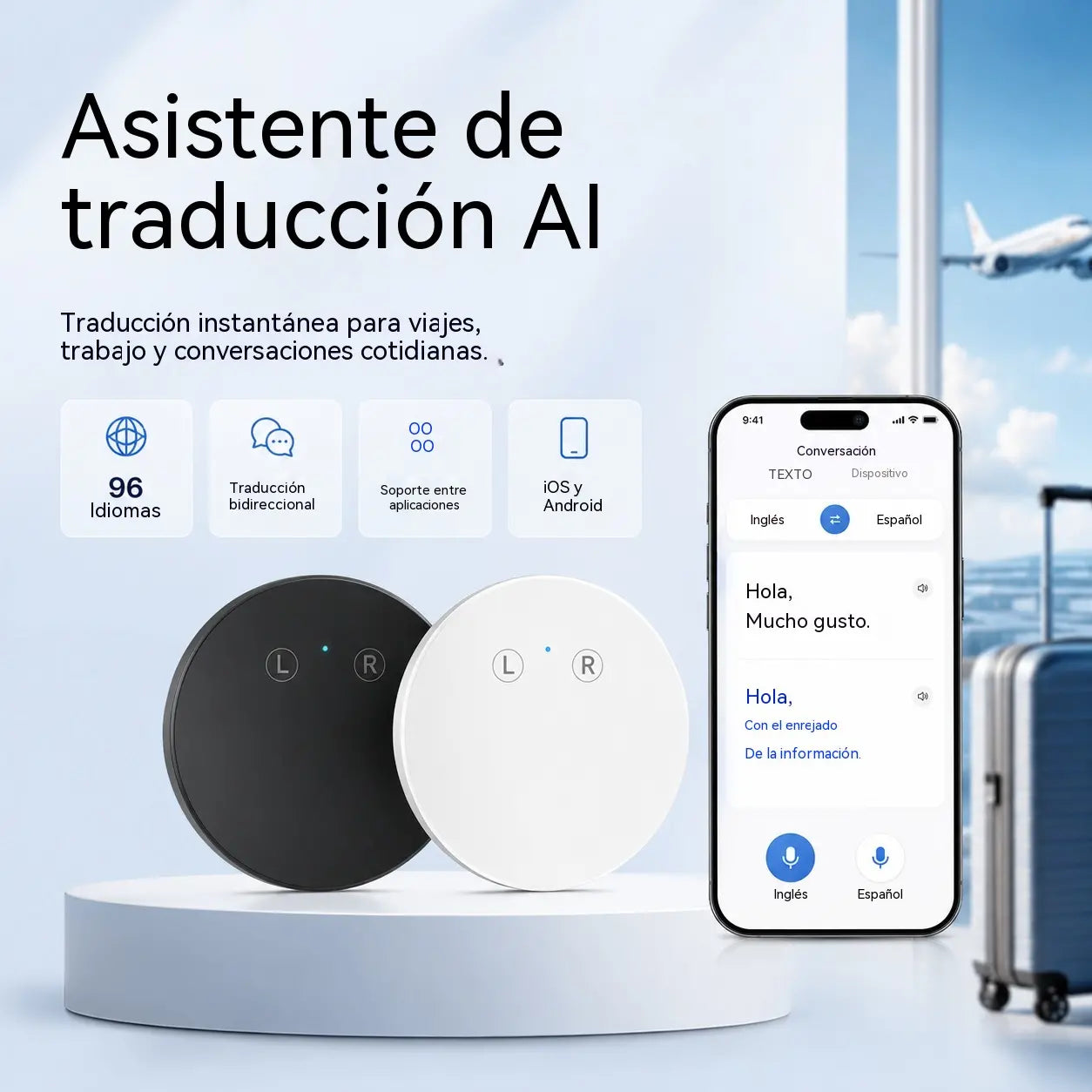 Dispositivo traductor de idiomas con IA– Traductor de voz bidireccional en tiempo real con compatibilidad con varios idiomas