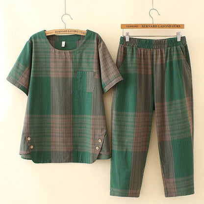 💖【M-4XL】【Topuri + Pantaloni】Set de pantaloni și tricou din bumbac carouri de mărime mare cazual
