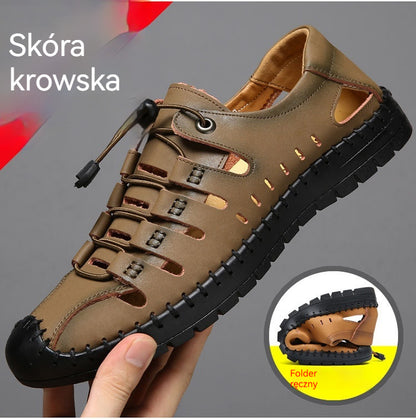 🌟【39-44】Męskie, skórzane, letnie, zamknięte sandały plażowe z wydrążonymi palcami👞✨