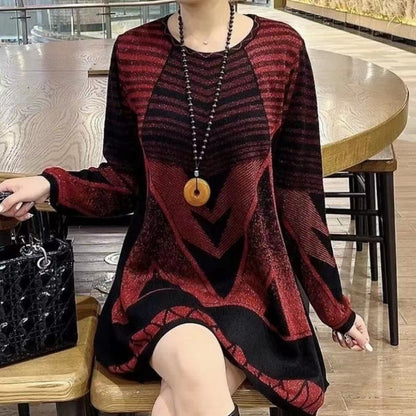 😍【L-6XL】Nowy sweter damski na jesień/zimę z okrągłym dekoltem i luźnym dzianinowym wzorem geometrycznym