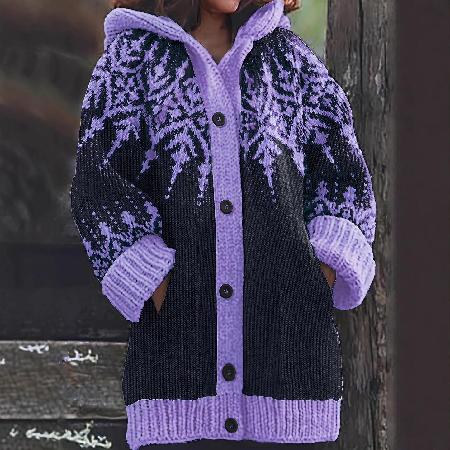 ⛄【S~5XL】❄Elegancka kurtka z kapturem w stylu retro z motywem płatków śniegu i blokami kolorów