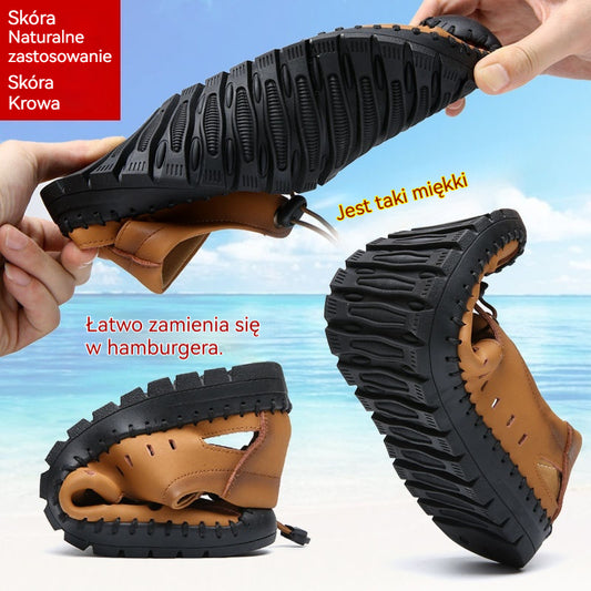 🌟【39-44】Męskie, skórzane, letnie, zamknięte sandały plażowe z wydrążonymi palcami👞✨