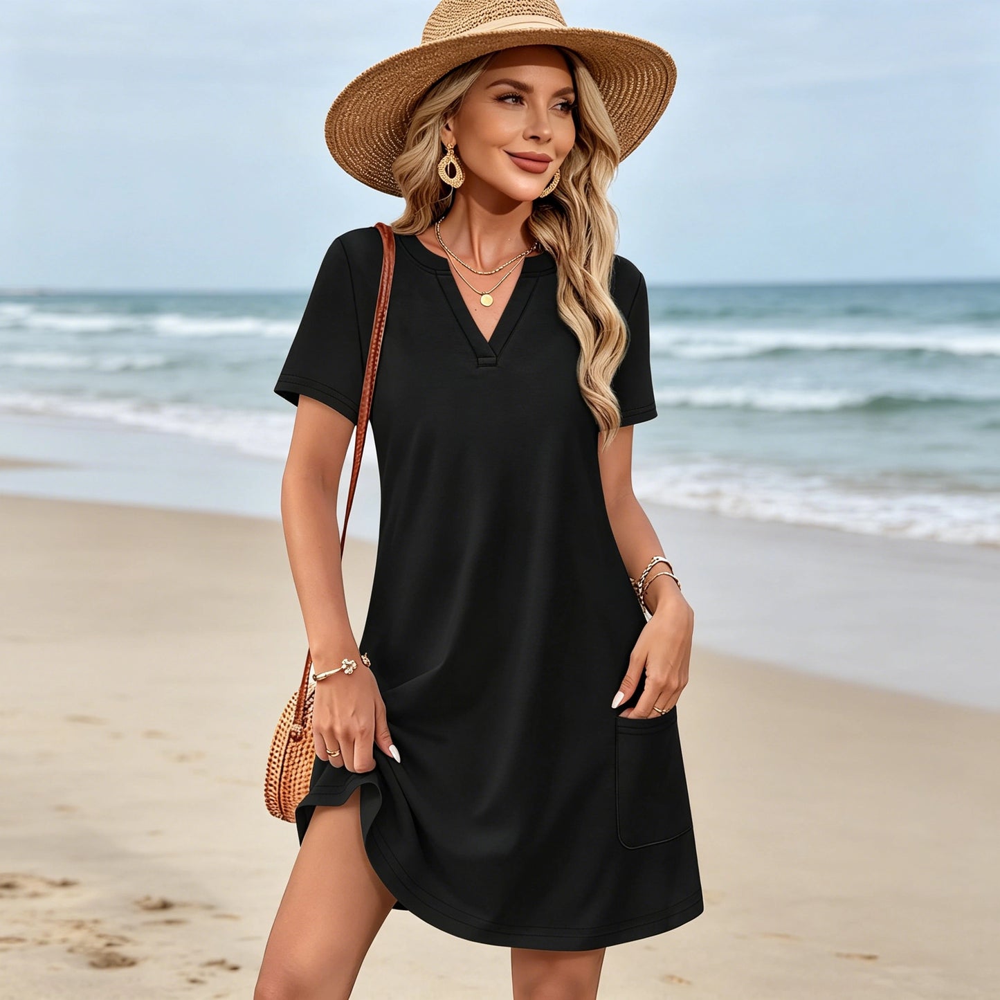 🌼Ženska elegantna ljetna haljina kratkih rukava s V-izrezom, plus size, cvjetnog uzorka, savršena za odmor na plaži.