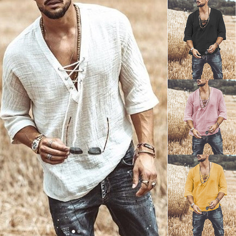 👔【50% popusta🔥】【XS-5XL】Muška jednobojna široka pamučno-lanena košulja s V-izrezom i ovratnikom s vezanjem ✅Plaćanje pouzećem