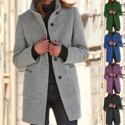 🔥¡Descuento del 43%🔥【Tallas S-5XL】Nuevo abrigo de lana de color liso para mujer, colección otoño/invierno 2025, con cuello y botones de estilo retro.
