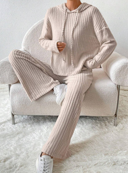 📢📢Sleva 50% 😍【40-90KG】Dámský dvoudílný pletený top s kapucí a kalhoty se širokými kalhotami