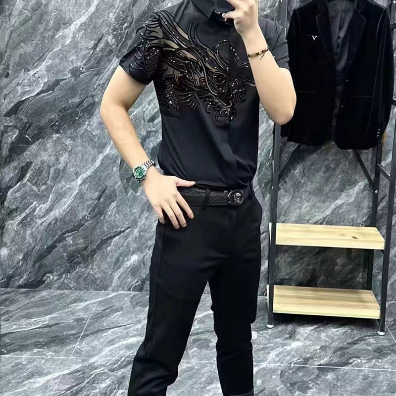 👔💥【M-5XL】🔥 Tricou polo elegant pentru bărbați, cu rever și fermoar - Negru clasic cu broderie rafinată【45-120 KG】