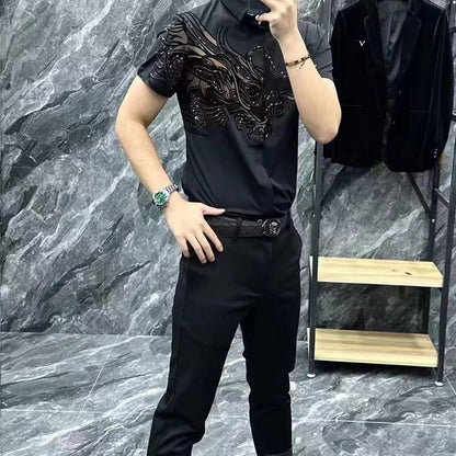 👔💥【M-5XL】🔥 Tricou polo elegant pentru bărbați, cu rever și fermoar - Negru clasic cu broderie rafinată【45-120 KG】