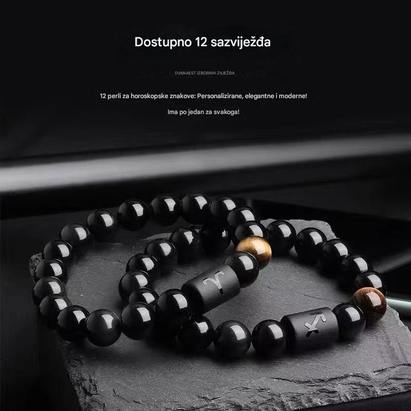 🔥【Kupite 1, dobijte 1 gratis】💖Ručno izrađena narukvica za par s dvanaest horoskopskih znakova od matiranog crnog ahata