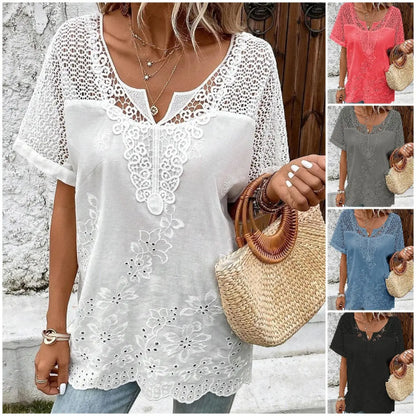 🛒💖【ΕΚΠΤΩΣΗ ΤΕΛΟΥΣ ΣΕΖΟΝΤΟΣ】【S-6XL】✨ 2025 Νέα γυναικεία κέντημα δαντέλα με κοντά μανίκια και V λαιμόκοψη – Κομψότητα και άνεση σε κάθε εμφάνιση