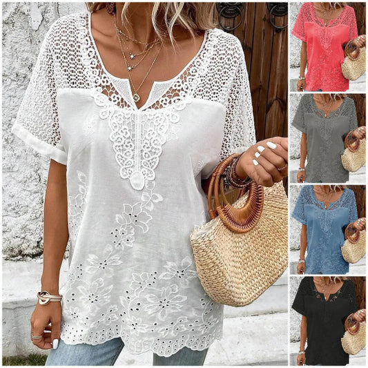 🛒💖【ΕΚΠΤΩΣΗ ΤΕΛΟΥΣ ΣΕΖΟΝΤΟΣ】【S-6XL】✨ 2025 Νέα γυναικεία κέντημα δαντέλα με κοντά μανίκια και V λαιμόκοψη – Κομψότητα και άνεση σε κάθε εμφάνιση