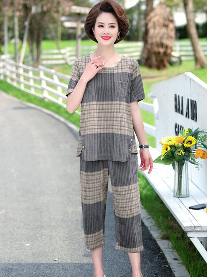 💖【M-4XL】Nowy dwuczęściowy kombinezon w kratę: top + spodnie casual - 4038460