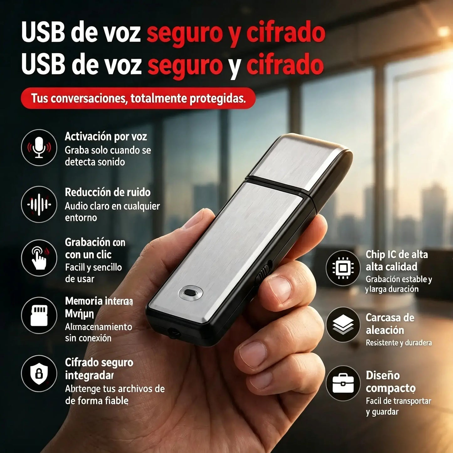 Grabadora de voz USB portátil de alta resolución con reducción de ruido.