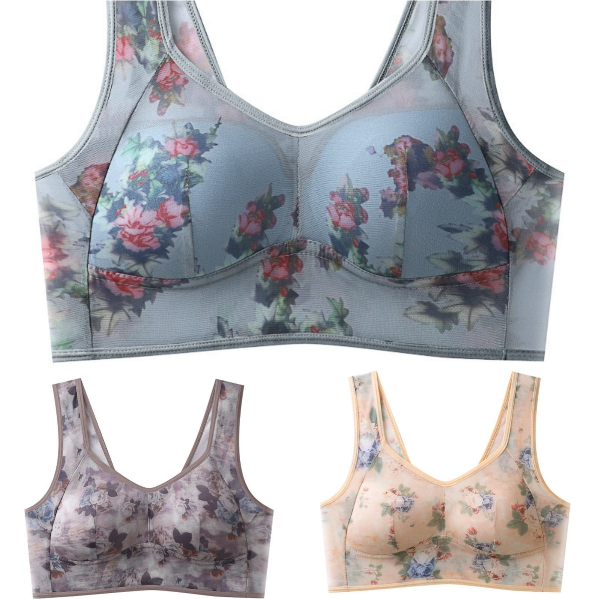 💥【Balení 3 ks】Plus Size podprsenka s potiskem a bez kostic, vysoce kvalitní push-up - lehká a prodyšná síťovina, pohodlná a stylová