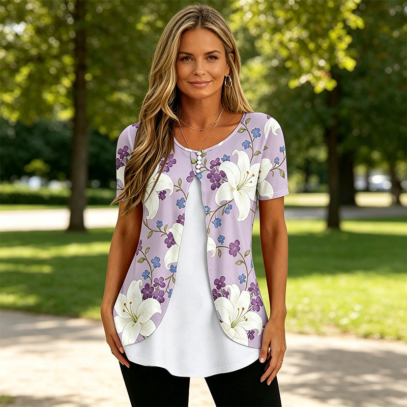 🌸【S-5XL】Elegantna bluza 2 u 1 s cvjetnim printom – široki kroj koji skriva trbuh i vitkije oblikuje figuru
